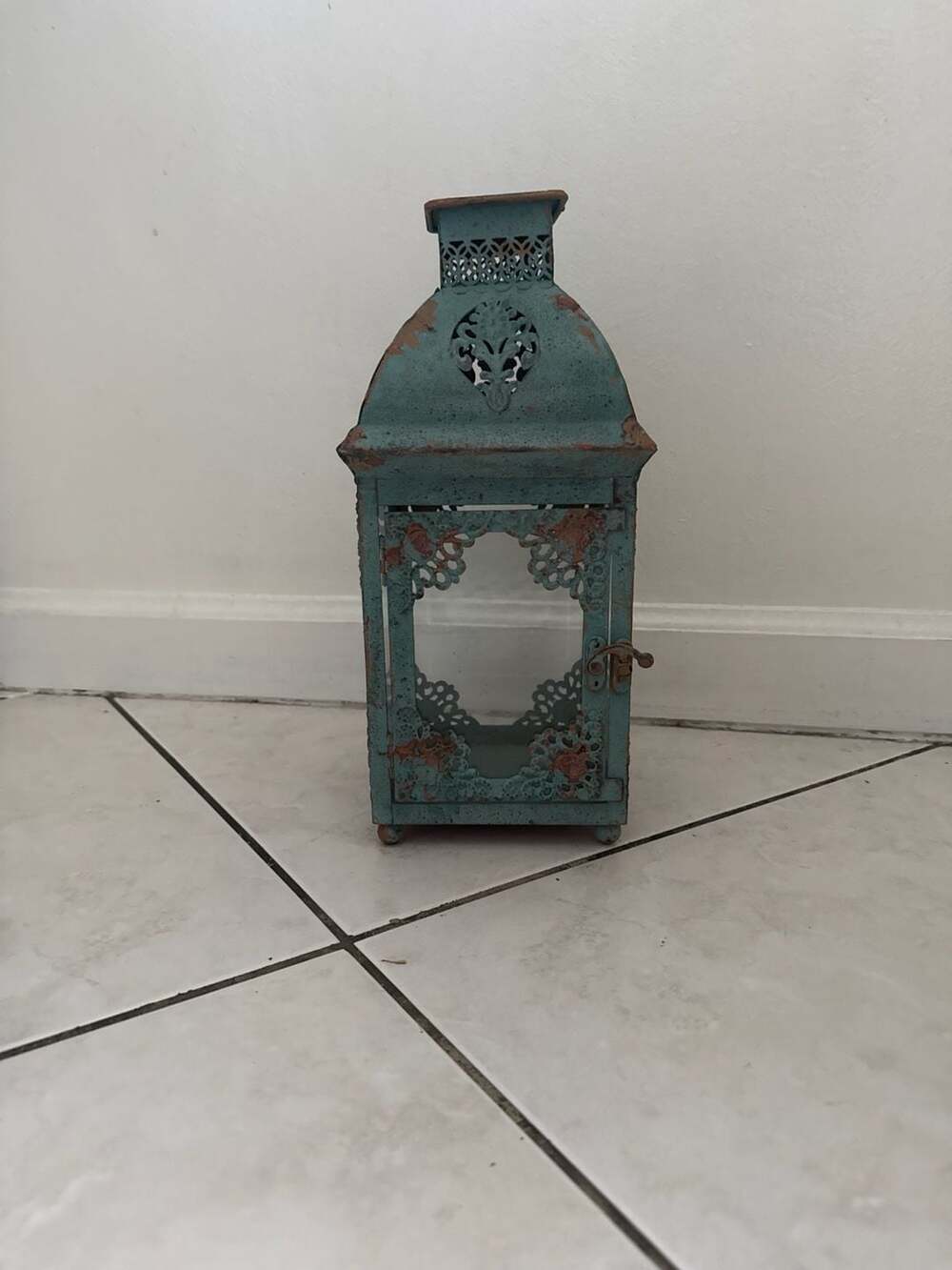 Large Primitive Distressed Rustic Blue Tin and Glass Ornate Metal Lantern